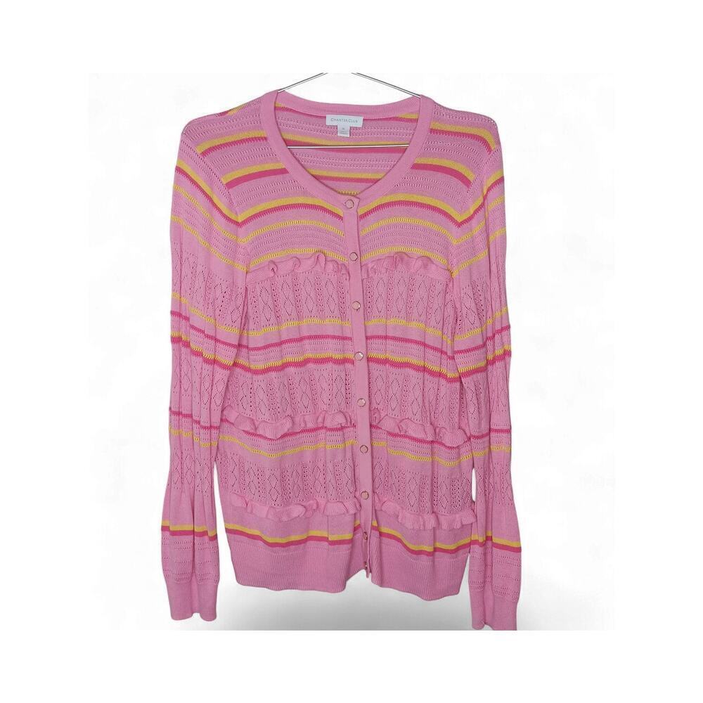 Charter Club Pink Yellow Stripe Knit Ruffle Cardigan Sweater XL Button Front - Picture 3 of 12
